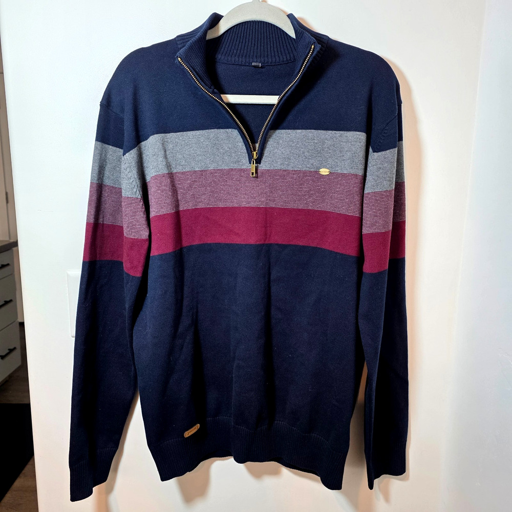 Aiopeson Mens 1/4 Zip Pull over Navy Striped Sweater Large Stretch Preppy Cotton